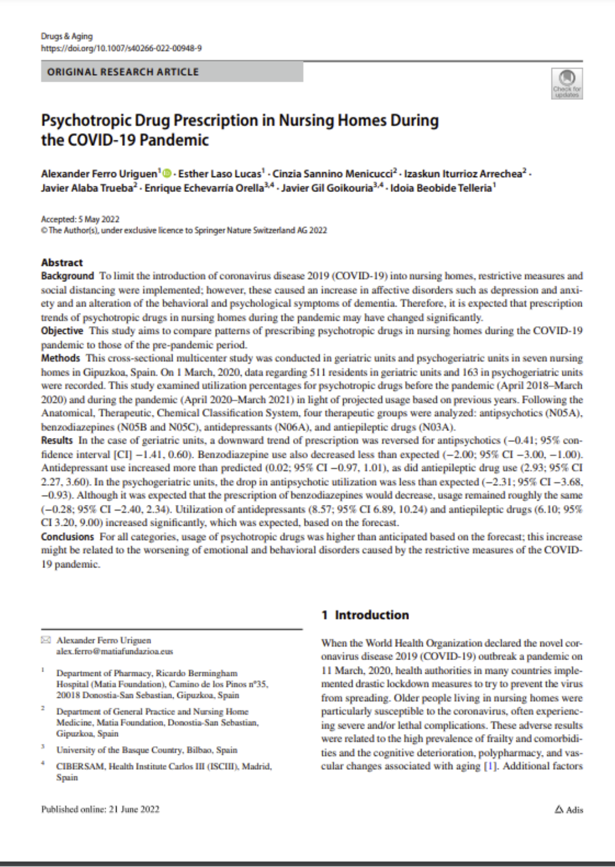 Artículo: Prescripción de fármacos psicotrópicos en residencias de mayores durante la pandemia de COVID-19 Artículo: Prescripción de fármacos psicotrópicos en residencias de mayores durante la pandemia de COVID-19