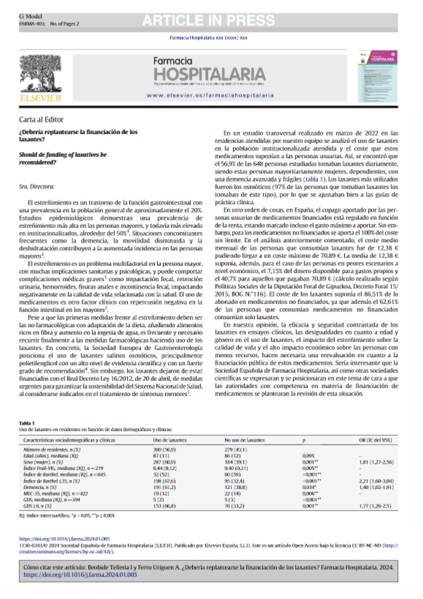 Carta al director en Farmacia Hospitalaria