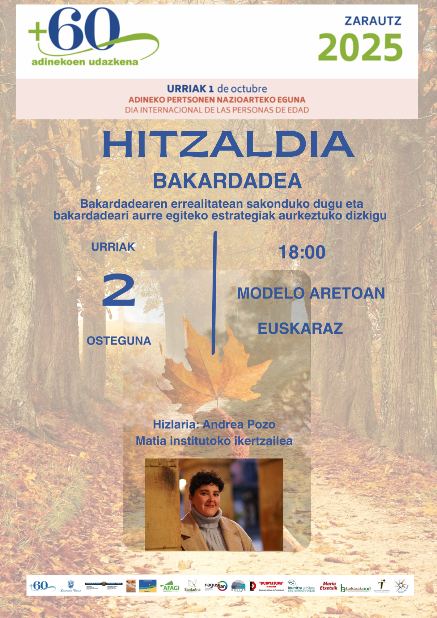 Cartel anunciador charla de Andrea Pozo en Zarautz