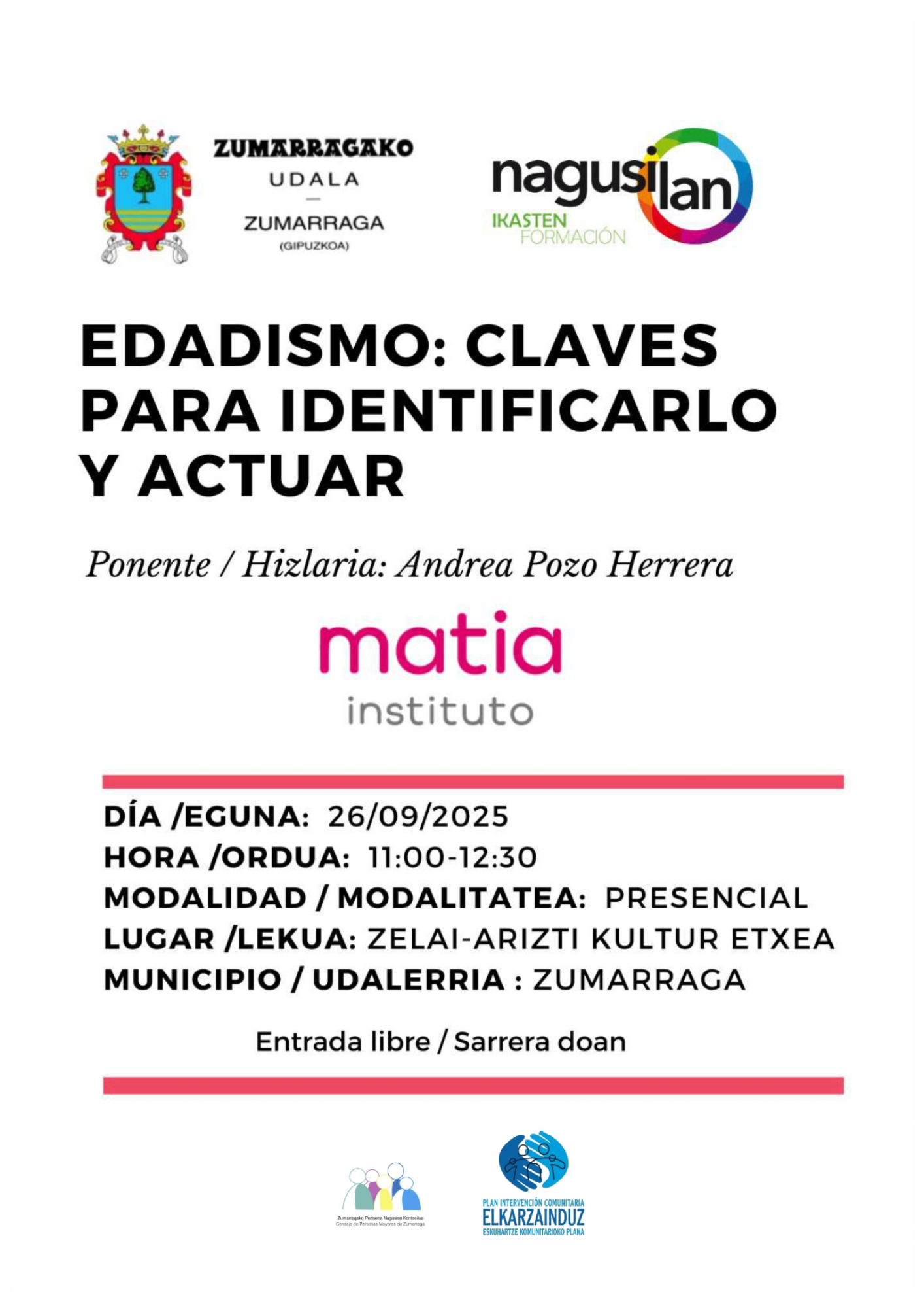 Cartel anunciador de la charla sobre Edadismo en Zumárraga