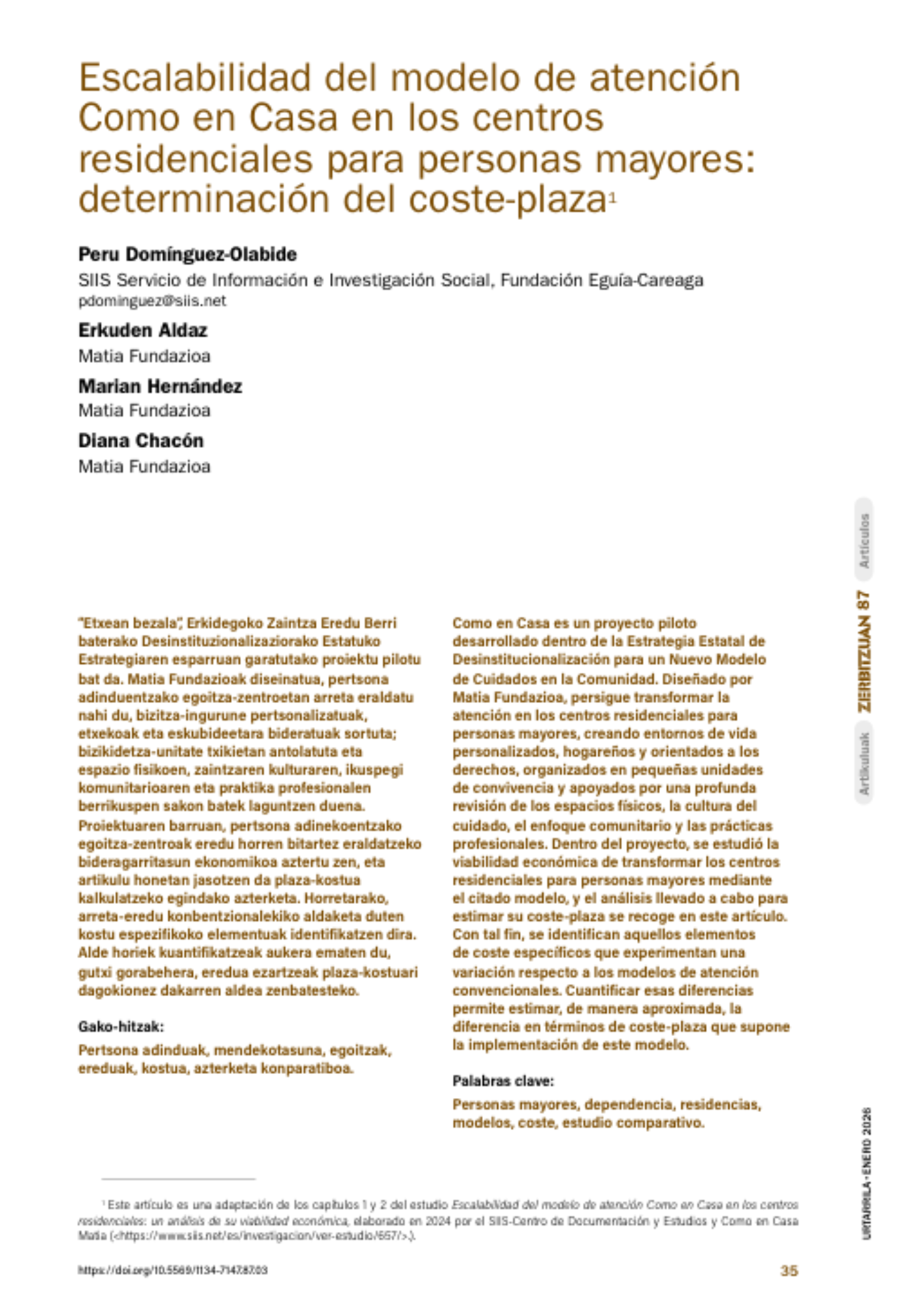 Portada publicación: Escalabilidad del modelo de atención Como en Casa en los centros residenciales para personas mayores: determinación del coste-plaza