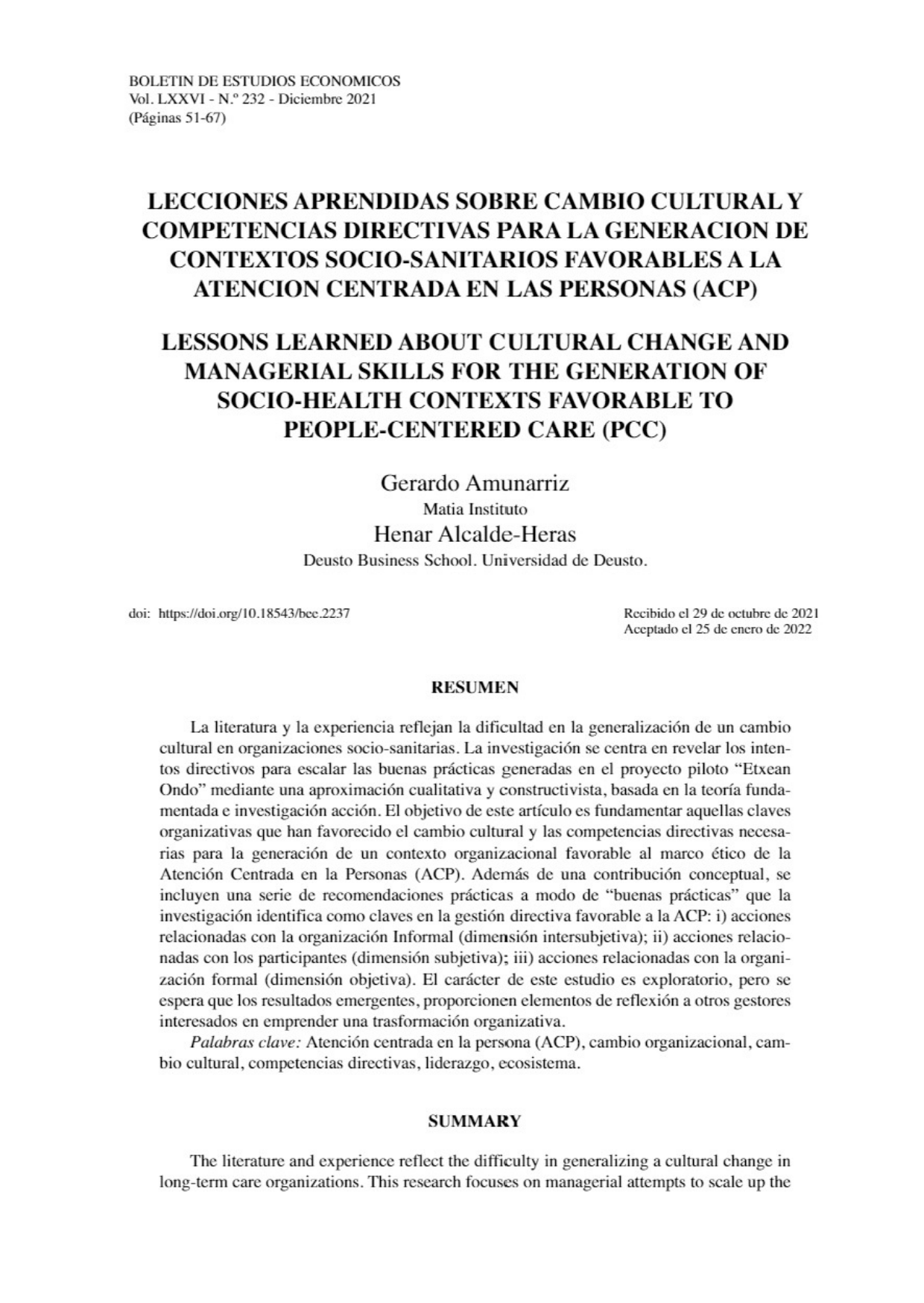 Artículo: Lecciones aprendidas sobre cambio cultural y competencias directivas para la generación de contextos socio-sanitarios favorables a la atención centrada en las personas (ACP)