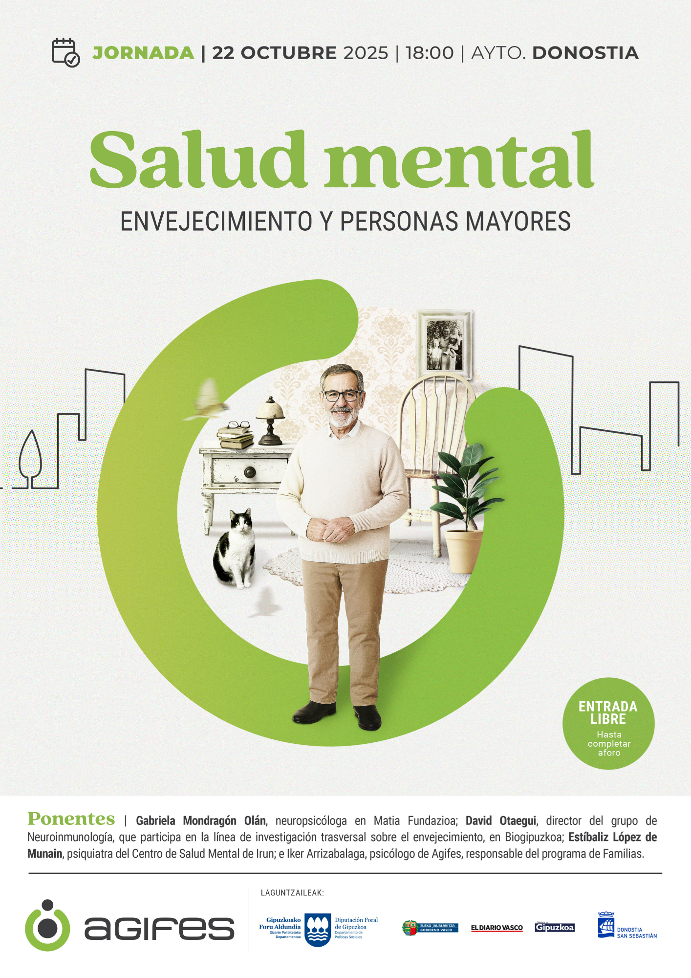 Cartel anunciador de la jornada AGIFES: Salud mental, envejecimiento y personas mayores