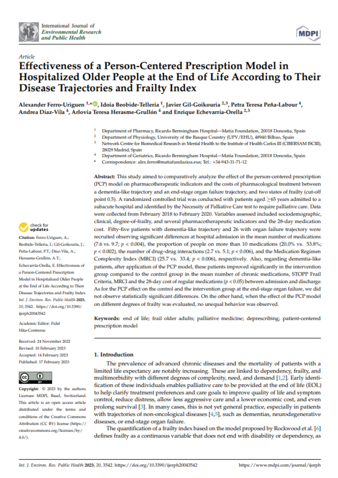 Portada artículo: Effectiveness of a Person-Centered Prescription Model in Hospitalized Older People at the End of Life According to Their Disease Trajectories and Frailty Index Portada artículo: Effectiveness of a Person-Centered Prescription Model in Hospitalized Older People at the End of Life According to Their Disease Trajectories and Frailty Index