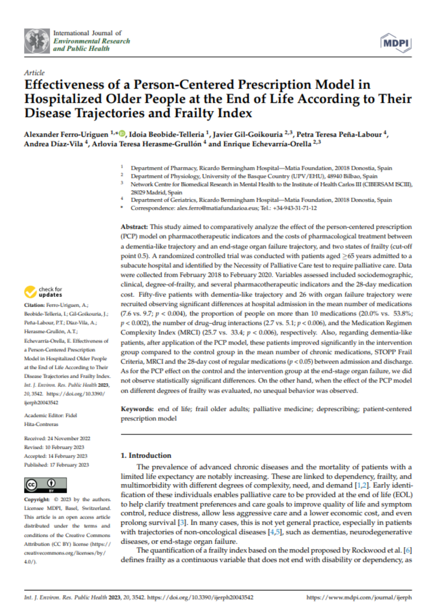 Portada artículo: Effectiveness of a Person-Centered Prescription Model in Hospitalized Older People at the End of Life According to Their Disease Trajectories and Frailty Index