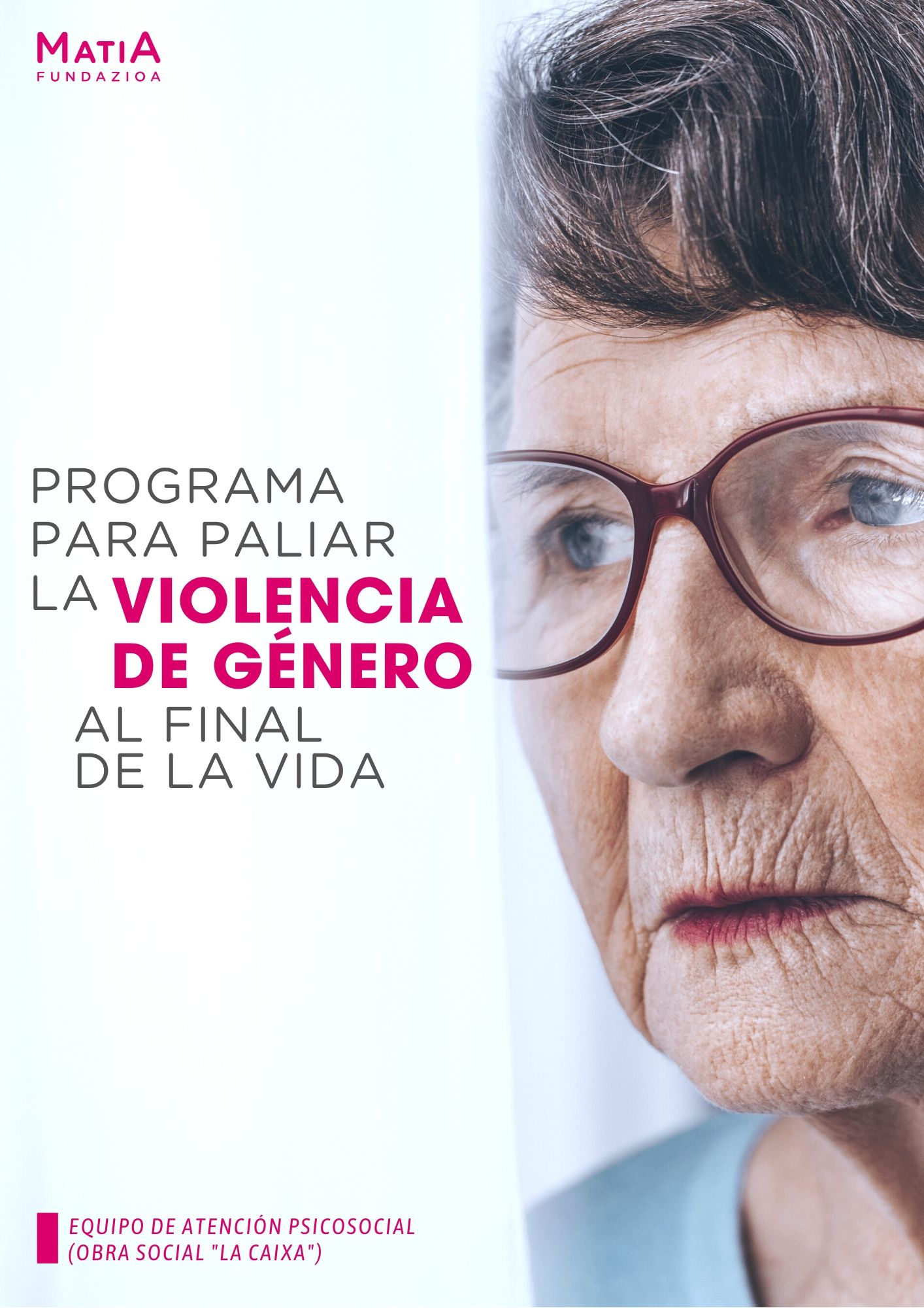 Programa para paliar la violencia de género al final de la vida Portada publicación con una mujer mayor mirando a través de una ventana con la mirada perdida