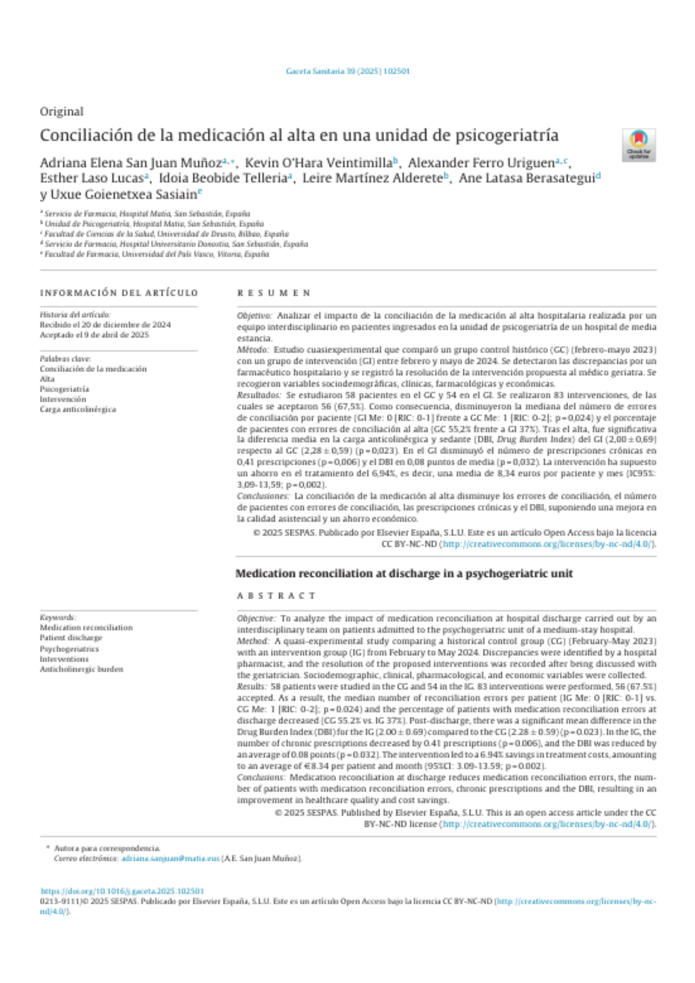 Portada publicación: Conciliación de la medicación al alta en una unidad de psicogeriatría Portada publicación: Conciliación de la medicación al alta en una unidad de psicogeriatría