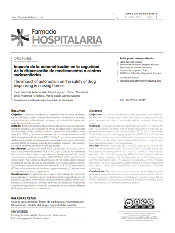 Imagen de artículo publicado en la revista Farmacia Hospitalaria Imagen de artículo publicado en la revista Farmacia Hospitalaria