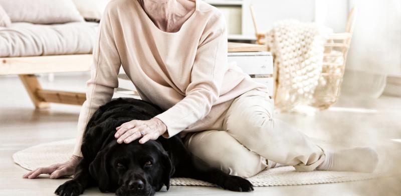 Mujer mayor acaricia a un perro